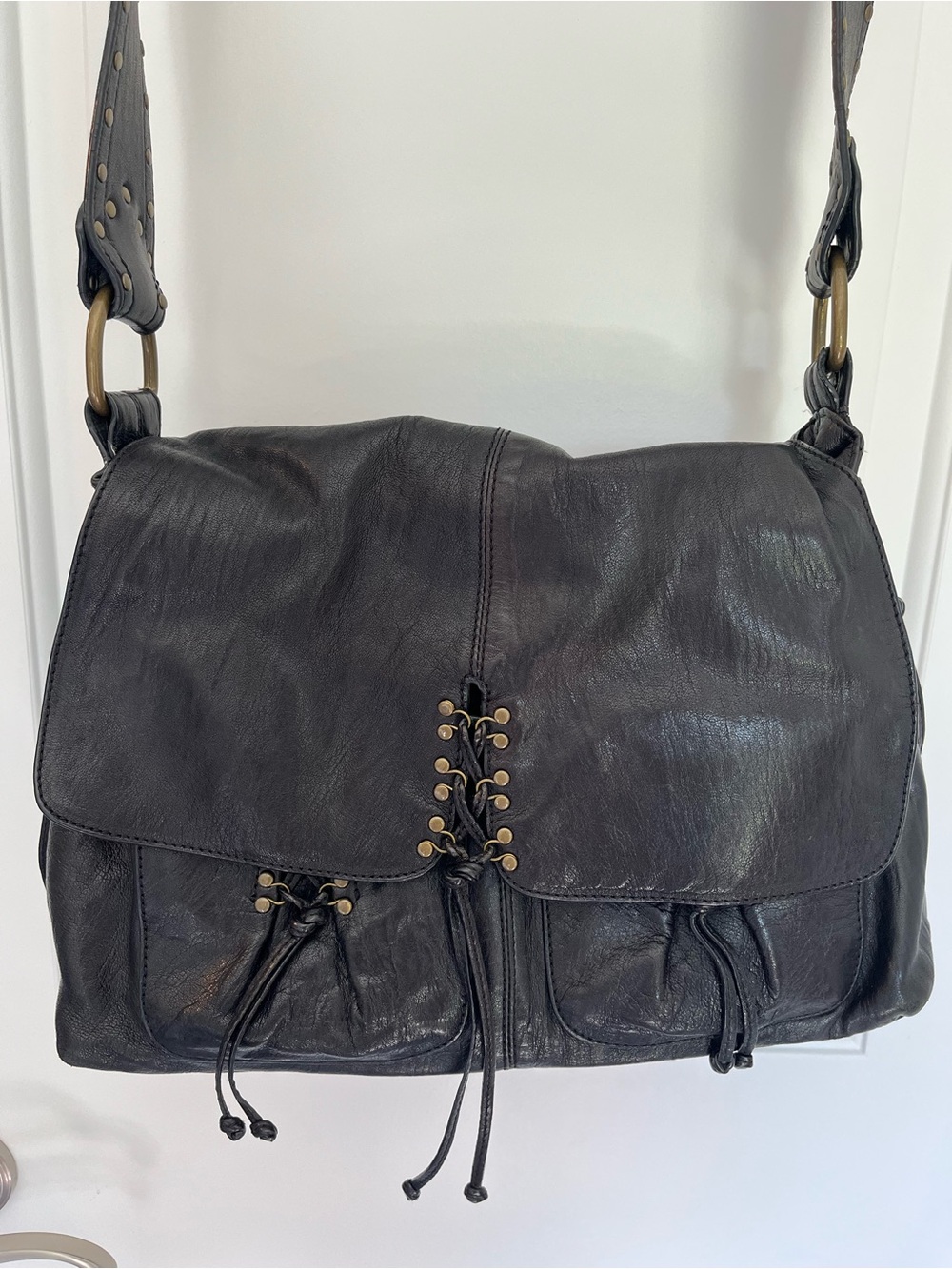 Kooba Black Leather Crossbody/ Shoulder Bag with Lace-Up Detail